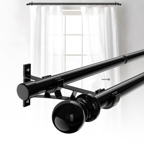 Double tringles à rideaux pour fenêtres 78-224cm, 25mm de diamètre Heavy Duty Epissure réglable Décorative Blackout Tringles à rideaux pour fenêtres avec supports