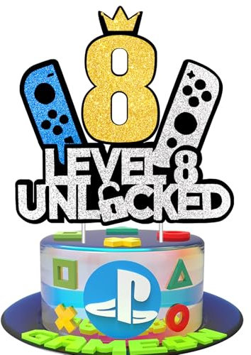 JSRHEEM Geburtstagskuchendeko für Gaming-Fans, Level 8 freigeschaltet, Glitzernde Spielkonsole, Cupcake-Topper für Jungen und Mädchen, Alter 8 Jahre Jahre (8 Jahre)