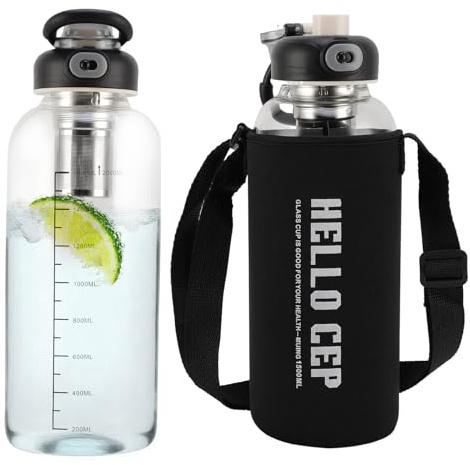 ZEMBSOYA Bouteille d'eau en verre borosilicate avec paille, tasse à thé avec manchon, bouteille à thé à large goulot, étanche, résistante à la chaleur, bouteille de thé de voyage (2 L)