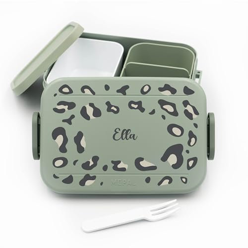 Kinder Bento Box Midi Lunchbox für Mepal Brotdose personalisiert Mädchen - 900ml - Grün - Brotdose Leopard - Leo Muster Geschenke - Lunchbox Kinder personalisiert Geschenk Einschulung Mädchen