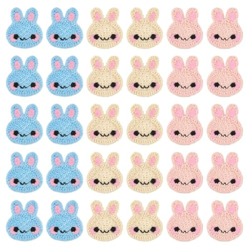MAYJOYDIY 30 Stück Kaninchen Häkel Strick Hand Applikation Häkel Kaninchen Applikation Cartoon Schöne Tiere Nähzubehör Zum Aufnähen Für Jacken Kleider Kleidung Taschen DIY(3 Farben)