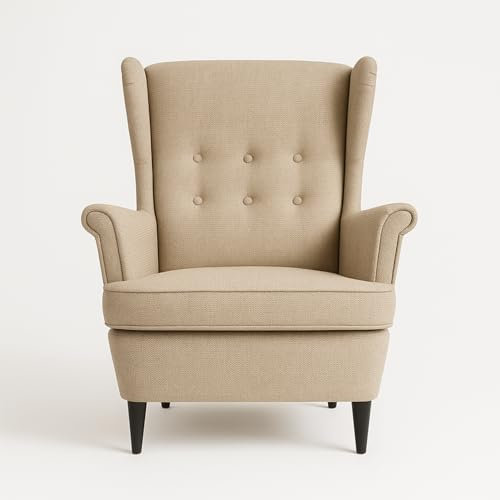 Topsit Ohrensessel aus Samt, Polstersessel mit Holzfüßen, Relaxsessel im Landhaus-Stil, ideal für Wohnzimmer und Leseecke (Sandbeige)