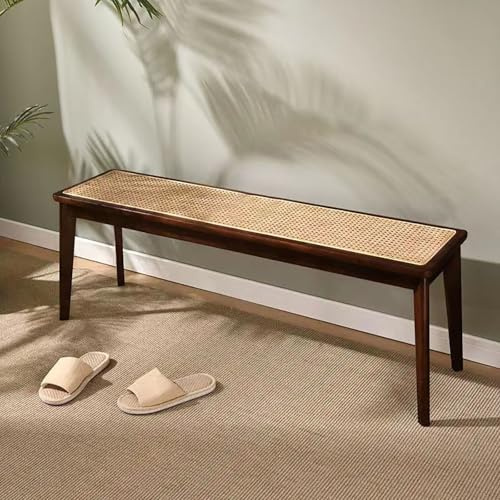BAYTEWJX Eingangsbank aus Rattanholz Sitzbank 2-Sitzer Essbank Holzbank Holzhocker für den Innenbereich für Wohnzimmer Flur und Schlafzimmer.(Walnut,80x30x45cm)