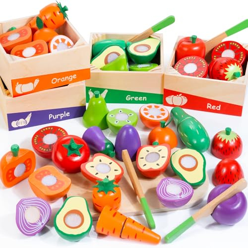 Jouets Alimentaires en Bois pour Tout-Petits, Groupes Alimentaires colorés, Ensemble de découpe de Fruits et légumes, Accessoires de Cuisine pour Jeu Imaginaire pour garçons et Filles de 3 à 7 Ans