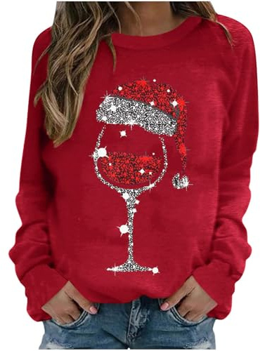 AnnSemo Womens Christmas Jumpers Stylish Xmas Wine Glass Print Tops Casual Long Sleeve Pullover Funny Christmas Jumper Loose Fit Round Neck Lightweight Sweatshirts