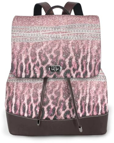 EgoMed Chic Girly Pink Leopard Animal Print Glitzer, Damen-Rucksack, wasserdicht, Tagesrucksack, leicht, PU-Leder, modischer Reiserucksack