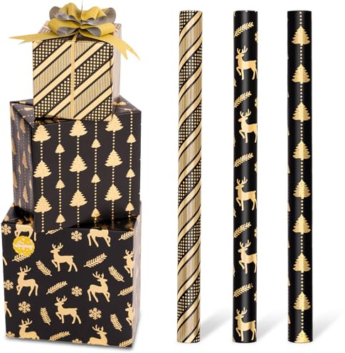 Toptime Geschenkpapier Weihnachten, 3 Rollen 300x43cm Weihnachtspapier mit Geschenkschleife Aufkleber, Metallic Geschenkpapier Rolle mit Weihnachtsbaum Rentiere Gestreift für Neujahr Feiertage Partys