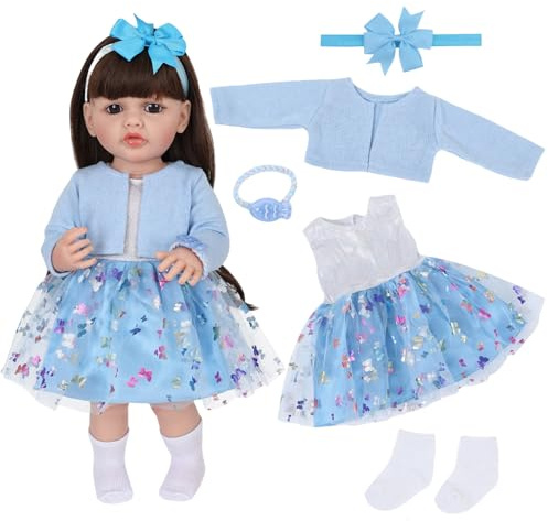 5 piezas de ropa para muñecas bebé para muñecas de 50-55cm, lindo vestido de tul azul de fantasía para bebés con chaqueta, falda de tul con estampado de mariposas, diadema, goma para el cabello