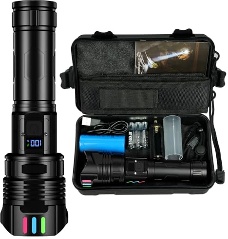AUAUY Taschenlampe LED Aufladbar, 1000000 Lumen Extrem Hell | Taschenlampen Zoombare Handlampe, Batteriebetrieben mit 5 Lichtmodi, Intelligentes Digitaldisplay für Camping Outdoor Notfäll
