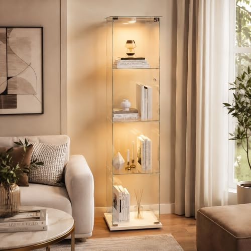 BRILVERDE Vitrine mit 4 Glasablagen, mit LED-Lichtern, Doppeltür mit Schloss, Vitrine für Sammlungen, Bücher, Weine, Büro und Wohnzimmer (Weiß, 163 x 39 x 35 cm)