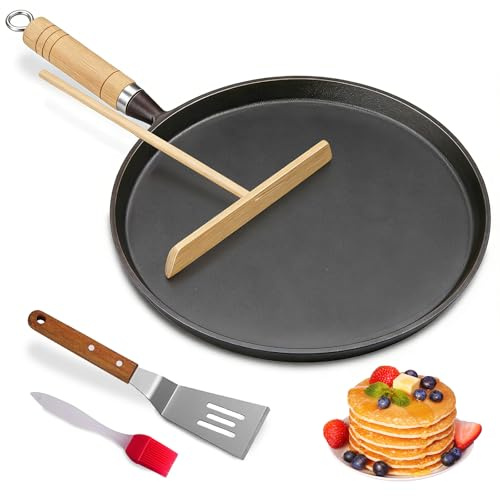 NBOUOU 26cm Non Stick Crepe Pan, 4 Pcs Set Pancake Pan, Shovel and Oil Brush, Iron Skillet Pancake Round Griddle Thick Nonstick Egg Flat Pans, PFOA Free