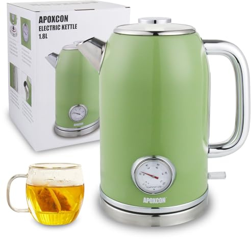 APOXCON Retro Wasserkocher mit Thermometer, 1,8L Edelstahl-Teekessel, Schnellkochfunktion, Auto-Abschaltung, BPA-Frei, Grün