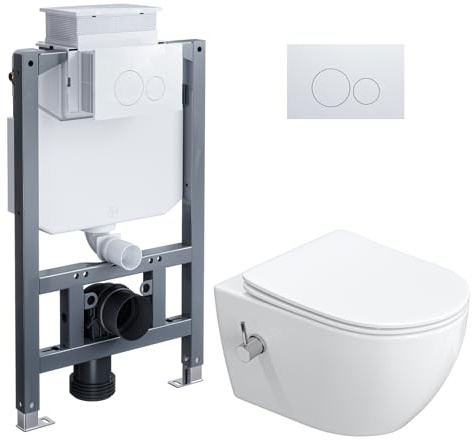 HOROW Vorwandelement WC Set Komplett mit Drückerplatte Dusch WC Kalt Wasser | Hänge WC mit Unterputz Spülkasten Set, Taharet WC mit Nano-Keramik, Klodeckel mit Absenkautomatik, mit Düse, Hygienischer