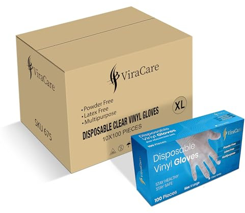 ViraCare 1000 x Vinyl Disposable Gloves X-Large, Latex Free, Powder Free | Strong, Non-Sterile, 10 Packs of 100
