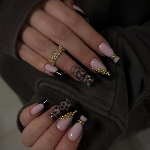 24pcs French Tip False Nails Long Square Black Leopard Print Press on Nails Gold Bead Design Nude Pink Stick on Nail Tips Removable Glue-on Fake Nail Art Y2K Accessories for Women