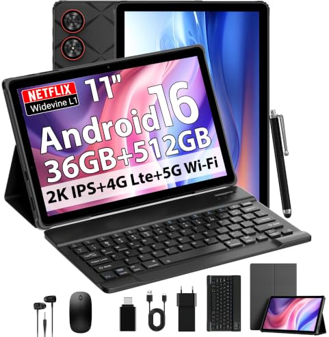 DOFACESH 2026 Android 16 Tablet in offerta con 11 Pollici, 36GB RAM+512GB ROM, SIM 4G Lte & 5G WiFi, Octa Core, 13MP+8MP, 2000 * 1200/WidevineL1/BT5.0/GPS-Tablet con tastiera(Nero)