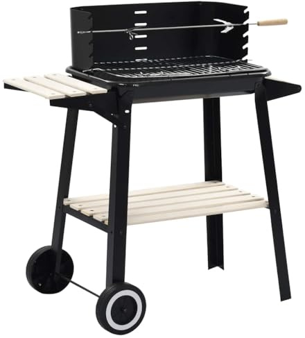 Runheo Holzkohlegrill Standgrill mit Rädern, Stahl & Holz, 83x44x87 cm, verchromter Rost, verstellbare Brathöhe 71-85 cm, mit Ablagen, mobil für Garten Balkon Terrasse Camping