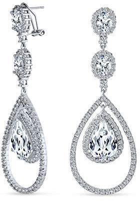 Style Art Déco Mariage Clair AAA Zircon Cubique Double Halo Grande Larme CZ Déclaration Dangle Lustre Boucles D'Oreilles Pour Les Femmes Fête De Mariée Argent Plaqué