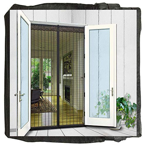 Fly Screen Magnetic Screen Door Cover Double Mesh Curtain with Full Frame Magic Tape Magic Instant Mesh Door for Front Door and Home Outside Kids/Pets Walk Through Easily (188X206 cm in Black)