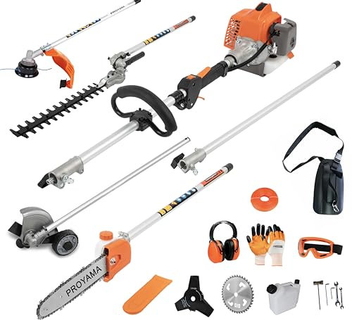 PROYAMA 26cc 6 in 1 Multi Functional Trimming Tools, Gas Hedge Trimmer, Weed Eater, String Trimmer, Brush Cutter, Edger, Pole Saw Chainsaw Pruner with Extension Pole