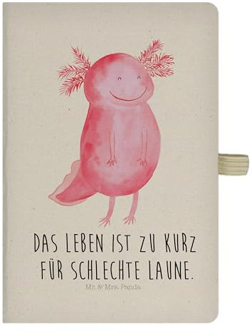 Mr. & Mrs. Panda DIN A5 Baumwoll Notizbuch Axolotl glücklich - Geschenk, Notizblock, Eintragebuch, Motivation, Tagebuch, Notizen, Skizzenbuch, Schreibheft, Molch, Lurch, Schwanzlurch