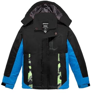 wantdo Boy's Winter Snow Jacket Hooded Waterproof Winter Coat Warm Ski jacket Black with Blue 10/12