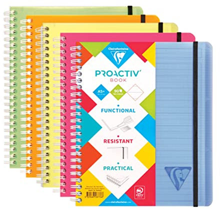 Clairefontaine 328776C - Heft Proactiv'Book DIN A5+ 16x21 cm, 90 Blatt, liniert mit Rand und Kopfleiste, abtrennbar, Einband aus PP, Gummizugverschluß, farbig sortiert, 1 Stück