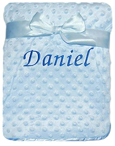 Baby Boy Girl Personalised Blanket Embroidered Name Bobble Pink Blue White Grey (Blue Bobble Blanket)