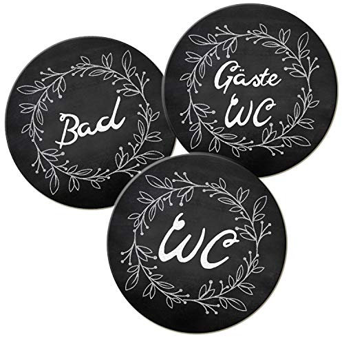 Logbuch-Verlag Schilder Set WC + Bad + Gäste WC Ø 15,5 cm Tafelkreide-Look Schwarz Weiß Floral - Türschilder-Set Badezimmer