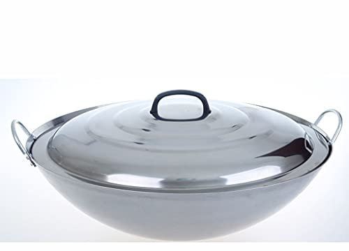 GXDHOME 50cm Wok Non Facile da arrugginire per Commerciale Wok in Acciaio Inossidabile a Doppio Orecchio Wok con Grande Coperchio Piatto,Multifunzione Non Rivestito Wok per fornello a Gas