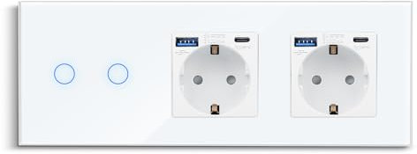 CNBINGO Touch Lichtschalter und Doppelsteckdose mit USB Schnellladen (Typ C+A unterstützung 20W Schnellladen) - USB Schuko Steckdose unterputz - Glas Wandschalter zweifach mit Status-LED - Weiß
