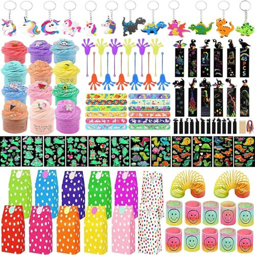Mitgebsel Kindergeburtstag Gastgeschenke Dino Einhorn Geburtstagsdeko,96 Stück Mitbringsel Schatztruhe Gartenspiele für Mädchen Jungen Kinder,Party Give Aways Spielzeug Set für Slime,Kindertattoos