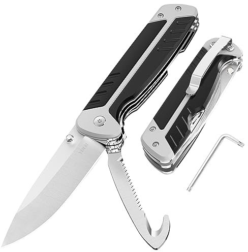YiMai Couteau de Poche, Couteau Pliant Multifonction avec Scie à Bois et Coupe-Ceinture, Couteau de Survie pour Chasse, Camping, Randonnée, Urgence et l'élagage des Jardin (Noir&Gris)