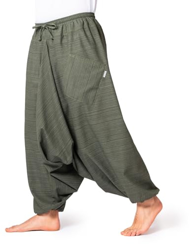 PANASIAM Aladinhose Damen & Herren - Haremshose Unisex - Pumphose Baumwolle | grob gewebt mit Linienstruktur, weiter Schnitt für Yoga, Alltag & Reise, elastischer Bund und große Tasche, tiefer Schritt
