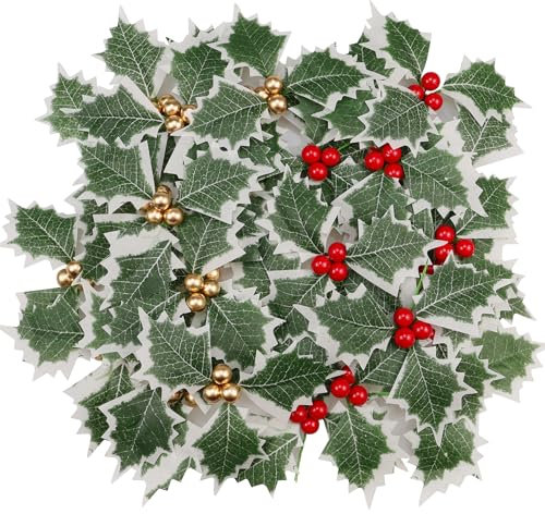 30 Pezzi Bacche Agrifoglio Artificiali, Bacche Finte Con Foglie Verdi, Fiori Bacche Artificiali Decorazioni Natalizie, Steli di Bacche di Agrifoglio Rosso Dorato per Centrotavola Ghirlanda Partito