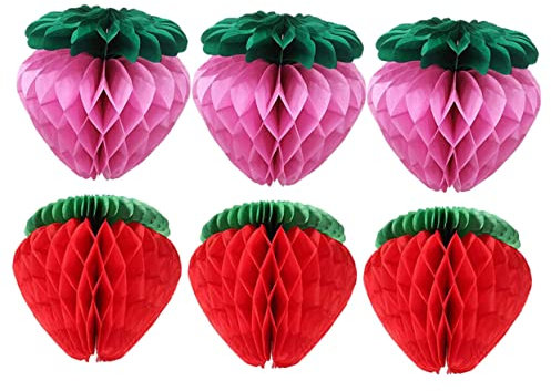 ifundom 6st Erdbeer-Laterne Hängende Wabe Wabenverzierung Hawaiische Tafelaufsätze Decoraciones para Sala De Casa Kunstwabenkugeln Erdbeer-tischdekoration Baby Fruchtkugel Faltbar Papier