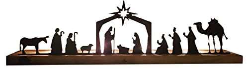 Schwarzes Metall-Krippenset mit Holzsockel, vorbeleuchtete Weihnachtskrippe kleine Leute, Krippen-Set, Weihnachtsdekorationen, DIY-Ornament-Requisiten für Weihnachten, Party, Zuhause, Küche,