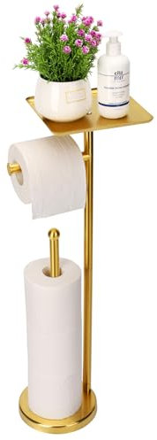 Toilet Paper Holder Stand, Freestanding Toilet Paper Stand with Tray for Small Items, Toilet Paper Holder with Shelf, Storage Space for 4 Extra Toilet Paper Rolls (Gold)