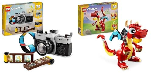 LEGO Creator 3-en-1 L’Appareil Photo Rétro, Jouet avec 3 Modèles pour Filles et Garçons & Creator 3-en-1 Le Dragon Rouge, Jouet avec 3 Figurines d'animaux, Dont Un Dragon Rouge