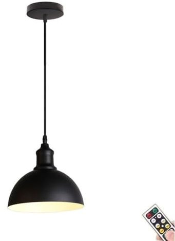 Black 7.8in Rechargeable Farmhouse Ceiling Pendant Light, Non Hardwired Kitchen Island Light with Remote & Blub, Battery Operated Semi-Circular Hanging Chandelier for Dining Table Living Room Bedroom