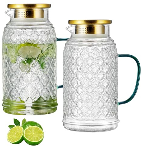 Buaic Glass Pitcher with Lid, 2 PACK 68 oz/2 Liter Vintage Water Pitcher
