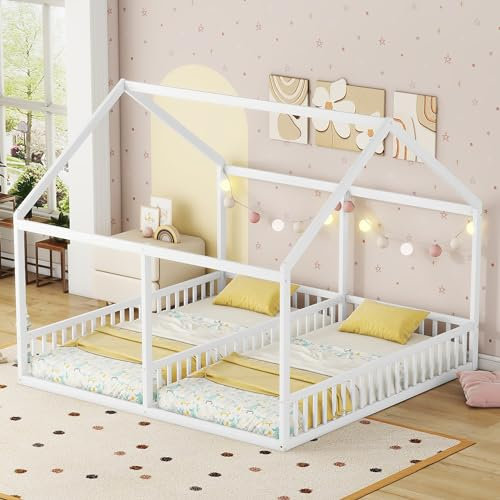 Dolamaní Bodenbett 180x200 cm 2 Kinder mit rausfallschutz, 90x200 cm Einzelbetten 2-in-1, Hausbett Holz Geschwister Bett, Kinderbett Bodentief (Weiß)