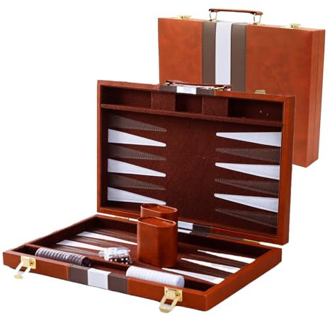 Backgammon Holz Set, 15 Zoll Klassisches Backgammon Koffer, 2 Spieler Brettspiel, Tragbares Reise Backgammo Strategie Spiel Set für Erwachsene Kinder (15 Zoll, Braun)