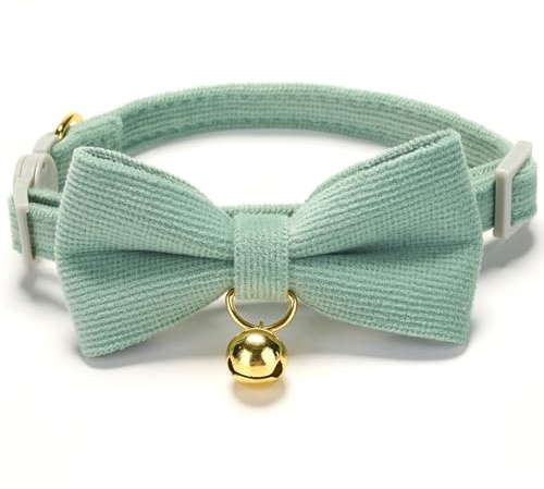 YUDOTE Ultra-Soft Breakaway Cat Collars, Small 19-28cm, Sage Green 1 Pack | Comfortable cotton webbing for cats with sensitive skin, quick release safety buckle, removeable bow and bell, adjustable fit