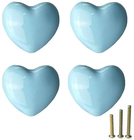 Mimhooy 4 Pack Sky Blue Ceramic Heart Shaped Drawer Knobs - Decorative Cabinet and Cupboard Hardware for Draws