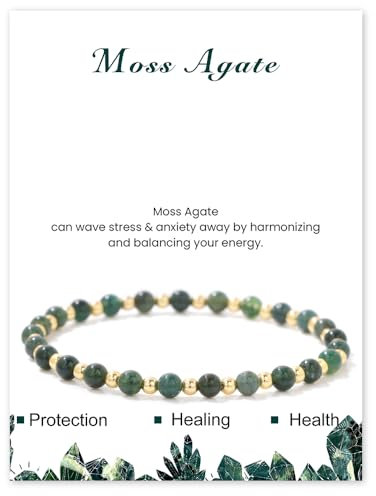 Uwiyo Elastische Naturstein Armband für Damen, 4mm Perlenarmband Vergoldete Kugelarmband Edelsteinarmband Perlen Armband für Fraun Mädchen für Geburtstag Muttertag Weihnachten (Moosachat)
