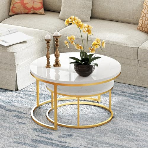 okwish Set mit 2 Runden Couchtischen, Satztische, Beistelltische Wohnzimmer, Ideal für Wohnzimmer, Balkon und Büro, Weiß und Gold