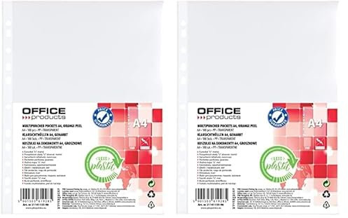 OFFICER PRODUCTS Prospekthüllen / 100 Stück/Din A4/ Genarbt Oben Offen Klarsichthüllen Sicht-Hüllen Gelochte Plastikhülle für Dokumente Papiere Akten Ordner/PP/Transparent, 21141155-90