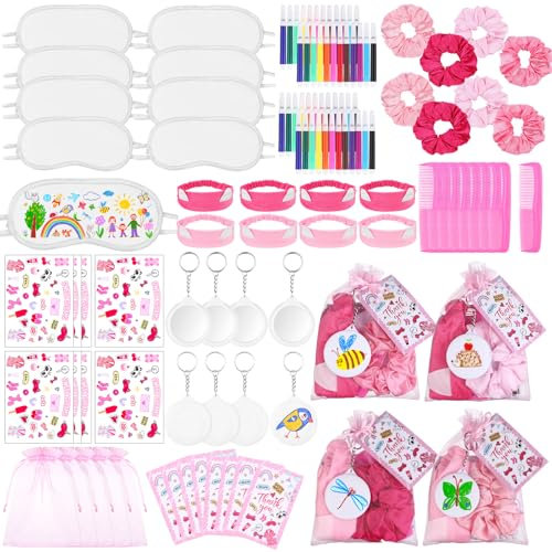 Set di 72 mascherine per gli occhi fai da te, per spa, pigiama party, fasce in velluto rosa, pettini, portachiavi, specchi, pennarelli, adesivi, biglietti di ringraziamento, sacchetti di organza per