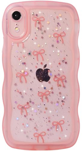 Qokey for iPhone XR Case, Glitter Star & Curved Edge Handle Grip Design, Military-Grade Shockproof Clear TPU Cover, Sparkle Protection Scratch-Resistant, Holographic Pink Bow